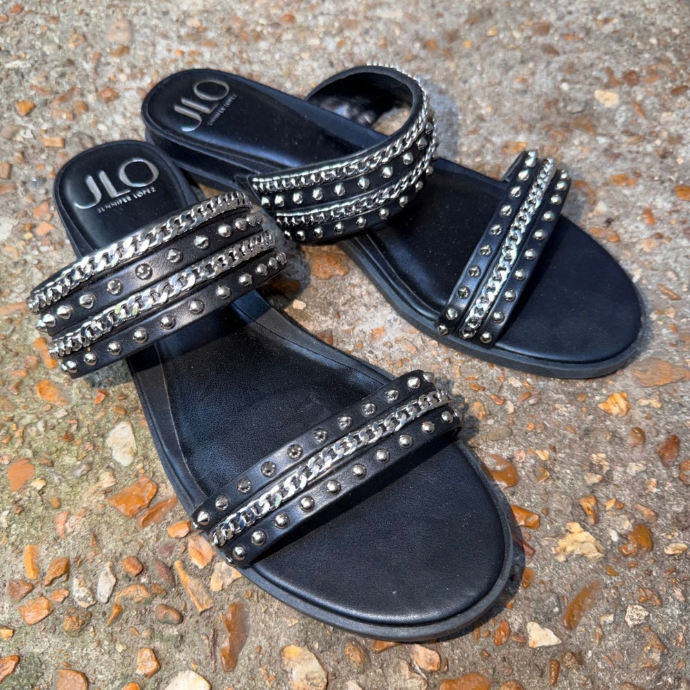 JLO Jennifer Lopez Womens Black Studded Chain Slide Sandals Size 8.5 M 39 Flat